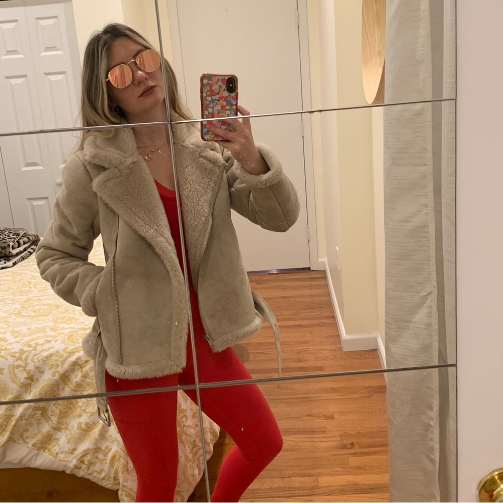 Abercrombie & Fitch Faux Suede Shearling Moto Motorcycle Jacket Beige Off White